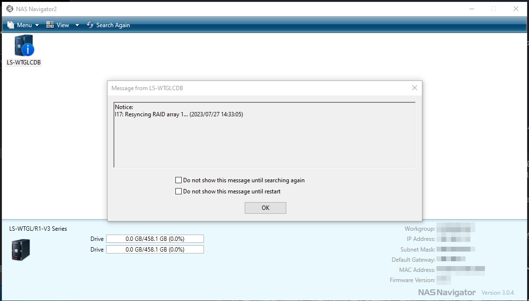 NAS Navigator2的桌面通知，显示Resyncing RAID Array 1