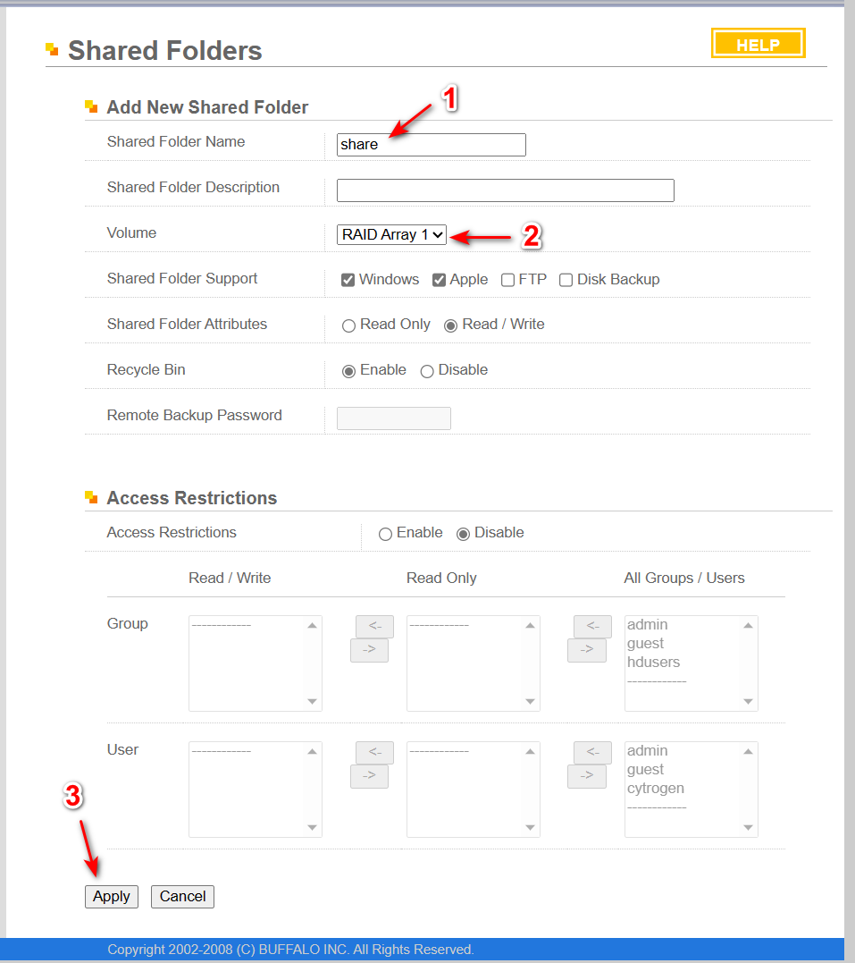 在Shared Folder Name中填写share，然后检查Volume是否为RAID Array 1，最后点击Apply